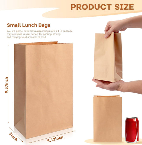 50 Pack 4 Lb 9.57" 5.12"3" BadenBach Brown Paper Lunch Bags, Small Bread Bags Bulk, Heavy Duty Kraft Paper Sacks