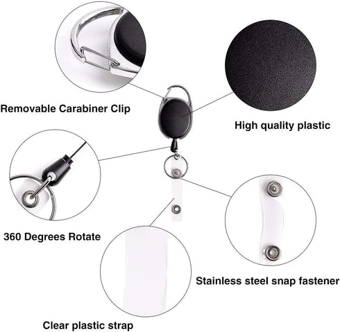 JIKIOU Retractable Badge Reel with Carabiner | Belt Clip and Key Ring for ID Card Keychain Badge Holder, Black 3 Pack
