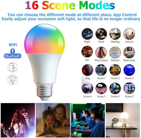 Smart Light Bulbs, WiFi & Bluetooth LED Light Bulb Compatible with Alexa & Google Home, 10W A19 E26 Color Changing Bulb