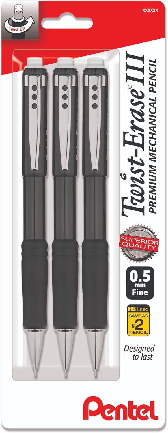 Pentel Mechanical Pencil 0.5 mm, Twist Erase III with Pre-Loaded Super Hi-Polymer HB Lead, 3-Pack