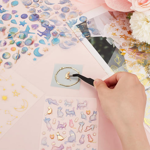 OLYCRAFT 8 Sheets 3D Star & Moon Stickers - Colorful Planet, Star & Cat Decals for Scrapbook, Journal