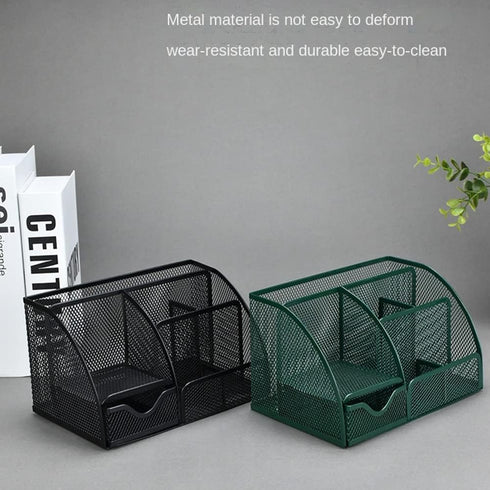 Green Desk Organizer Mesh Drawer Storage, 6 Compartments and Drawer, Desktop Caddy for Stationery, Cosmetics