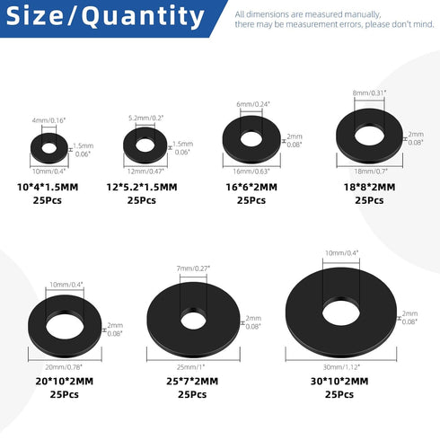 Glarks 175Pcs Flat Rubber Washers Assortment Kit, 10/12/16/18/20/25/30mm Heavy Duty Black Rubber Washers