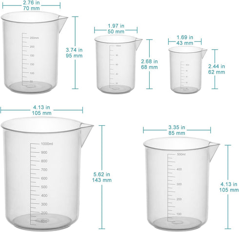 stonylab Plastic Beaker Set, Clear Plastic Graduated Beaker with Pouring Spout Measuring Beaker Set Liquid Cup Container in 5 Sizes, 50 ml/100 ml/250 ml/500 ml/1000 ml (1 L), Combo Pack
