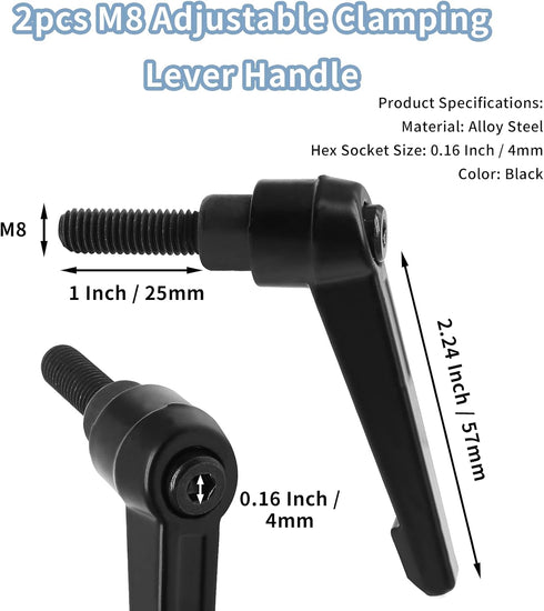 2pcs Adjustable Clamping Lever Handle M8, M8 x 25mm Male Thread, Push Button Ratchet Knob, Replacement Cam Handle