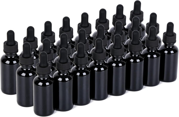 1 oz UV Resistant Dropper Bottle, 24 Pack Black Glass Boston Bottles with Eye Droppers for Essential Oils