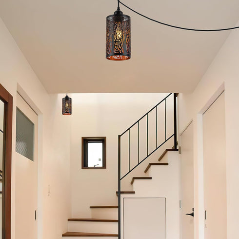 Industrial Black Plug in Pendant Light Vintage Mini Black Gold Hanging Lighting Rustic Hollow-Carved Cylinder Plug