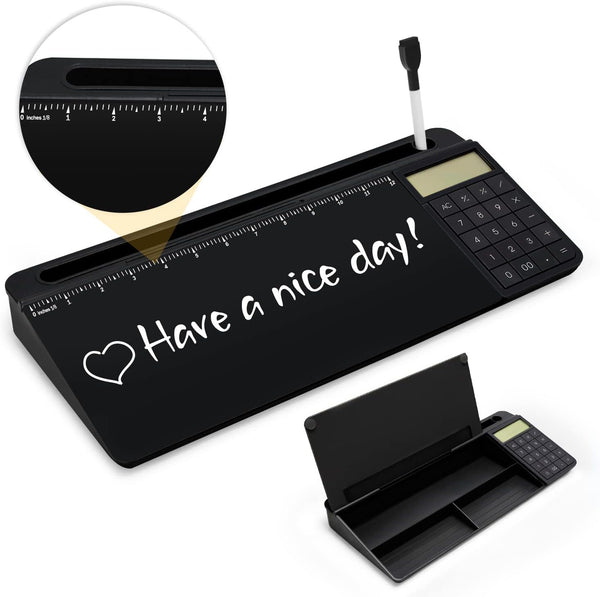 Desktop Glass Whiteboard with Calculator, Black Dry Erase Board Surface, Desk Organizers with Accessories