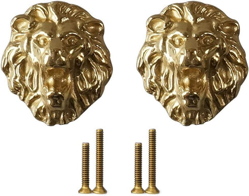 Wwxuanke Lion Door Knob, Brass Lion Head Knob, Creative Animal Knob for Wardrobe and Cabinet, 2 Pack Gold