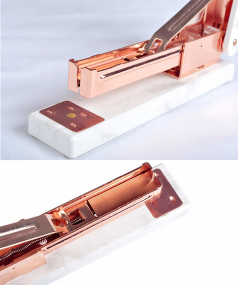 White Marble Print Stapler, Heavy Duty Desktop Staplers, Manual Rose Gold Office Supplies with Non-slip Base