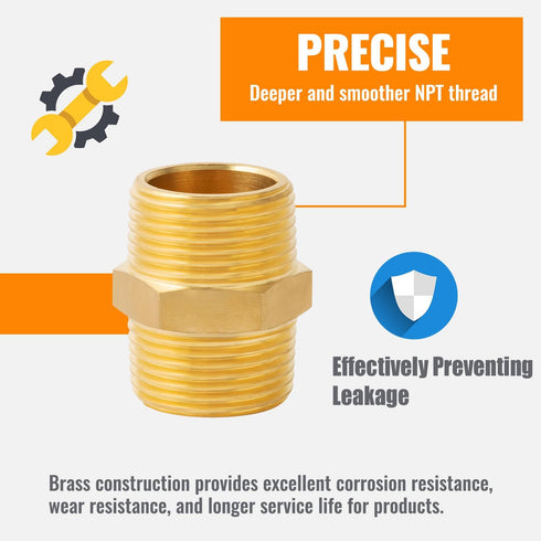 SUNGATOR 1/2'' NPT Male Brass Pipe Fitting Adapters, 1/2 Inch Male Hex Nipples, Brass Hex Nipple Pipe Extension