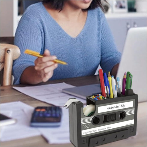 Tape Dispenser with Pen Holder - Retro Cassette Heat Tape Dispenser, Cute Roll Holder with Paperclips for Office Storage
