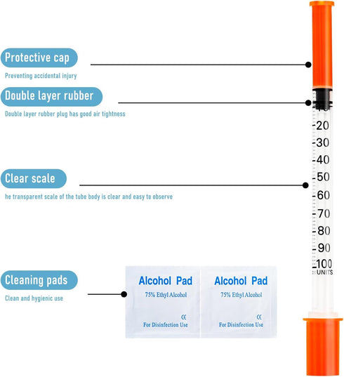 U 100 1cc Syringe 1ml 31 Gauge 5/16 Inch 8mm with Disposable Gauze Pads, Individual Package, 20 Pack