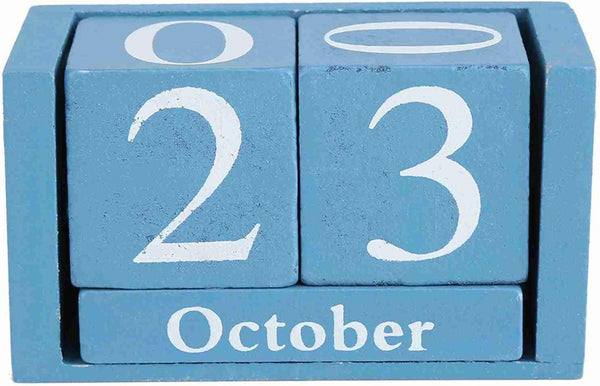 European Perpetual Wooden Calendar, Desktop Block Wood Calendar DIY Yearly Planner, 9.4 x 5.2 x 4.1cm (Blue)