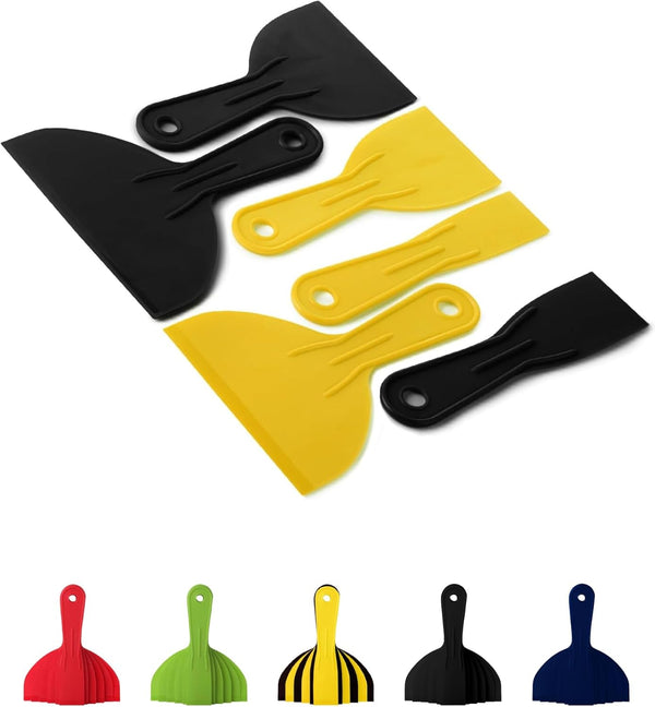 Bates Plastic Putty Knife Set, 6 Pack, Black & Yellow Plastic Scraper Tool for Painting and Spackling