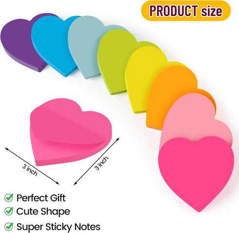 Heart Sticky Notes 3x3 in, 8 Pads, Super Cute Bright Color Strong Adhesive Post, Clean Removal, 82 Sheets/pad by TKTB