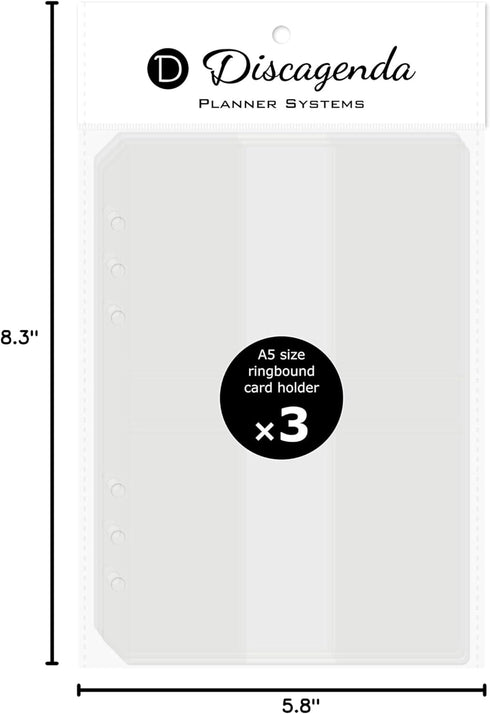 Discagenda Clear Card Holder A5 Size, 3 Pack for 6-Ring Ringbound Planner Personal Organizer (5.8x8.3in)