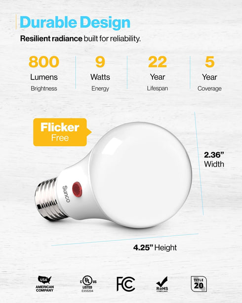 Bulb A19, 800 9W (60W 3000K IP65 4 Pack Sunco Dusk to Dawn LED Outdoor Light Photocell Automatic for Exterior Lighting