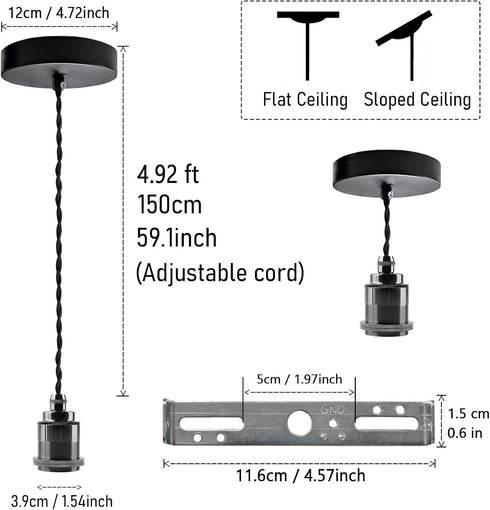 1-Light 4.92ft, E26 E27 Mini Pendant Light Kit, Adjustable Pendant Lights Cord Pearl Black Ceramic Socket Black Ceiling