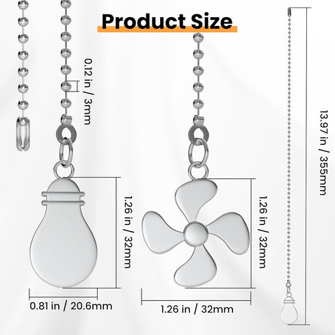 Ceiling Fan Pull Chain Extender, 2 Pcs 12 Inches Long Ceiling Fan Pull Chain Extension Pendant Ornament Set with Connector for Ceiling Fan and Light Lamp Decoration (Sliver)