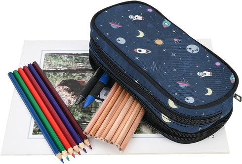 Blue Pencil Case for Boys and Girls, Large Capacity Cute Rocket Origin's Space, 2 Zippers Pouch for School Supplies