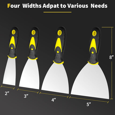 4Pcs Spackle Knife Set (2, 3, 4, 5 in), Putty Knife, Stainless Steel Paint Scraper, Taping Tool for Repair
