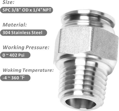 Push to Connect Fitting - 304 Stainless Steel Male Straight 3/8" Tube OD x 1/4" NPT Thread Fitting
