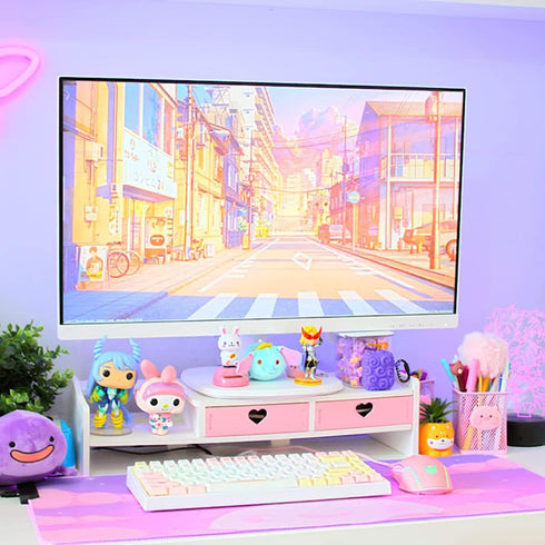 Kawaii Desk Organizer with Drawers, Cute Monitor Riser Stand for PC, Laptop, Printer