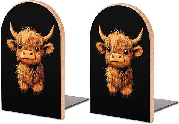 Generic Cartoon Highland Cow Wood Book Ends Holder Stand Cute Desk Decor Bookends