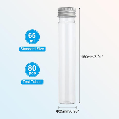 PATIKIL 65ml Test Tubes, 80pcs 5.91x0.98" Clear Plastic Containers with Caps for Candy, Bath Salt, and Scientific