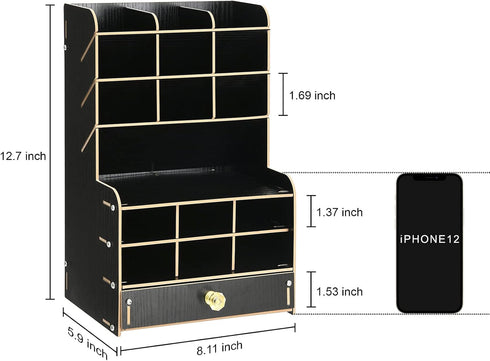 Marbrasse Black Wooden Desk Organizer, Multi-Functional Pen Holder, Storage Rack for School Home Office Art Supplies
