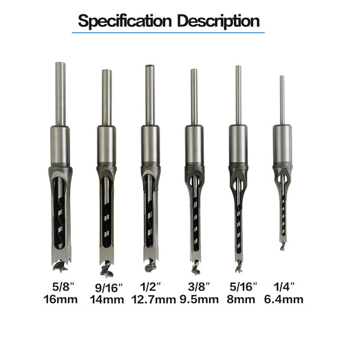 6pcs Square Hole Mortise Chisel Drill Bit Tools, 5/8" 9/16" 1/2" 3/8" 5/16" 1/4" for Precise Woodworking Applications