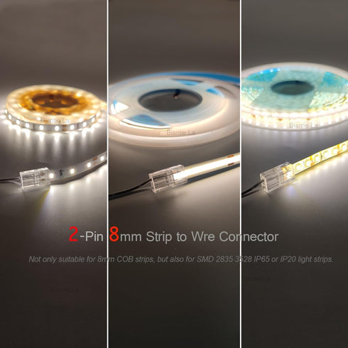 2-Pin 8mm COB LED Strip to Wire Connector, Unwired Clips Solderless Adapter for High Density LED Strip Lights