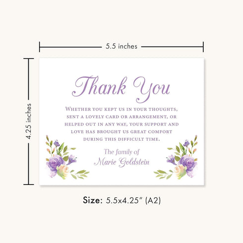 5.5x4.25 Purple Flowers Sympathy Thank You Cards, Funeral Thank You Cards, Bereavement Notes with Envelopes, Flat