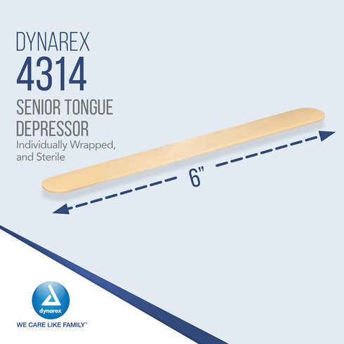 6" 1 100 Dynarex Tongue Depressors, Sterile, Senior-Sized Length, Made from Beige Birch Wood, Comes in Peel-Down