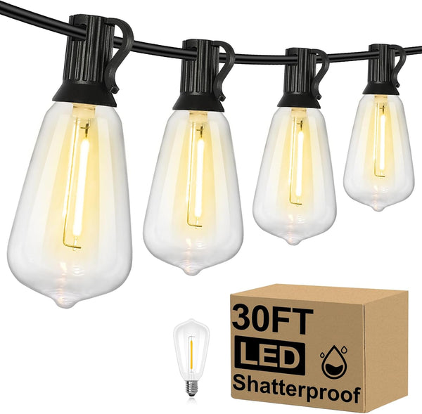 Brightever 30FT LED Outdoor String Light with 16 ST38 Vintage Edison Shatterproof