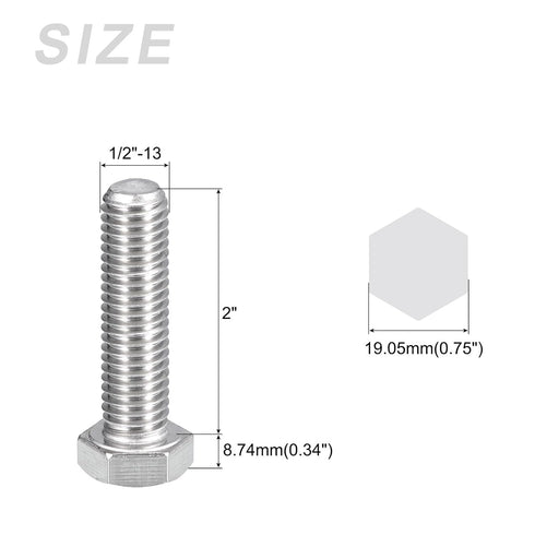 Hex Bolts (1/2-13x2"), 20Pcs 304 Stainless Steel Fully Threaded Hex Head Screws for Furniture Repair, Silver