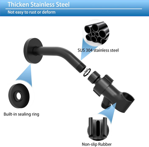 6-inch, 360 HTS025 Huttdmel Shower Head Holder, Shower Bracket for Handheld Showerhead, with Shower Arm Compatible