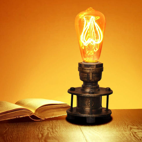 INJAK Room-E26 Bulb Steampunk Table Lamp Base Metal Brown Golden Small Desk Lamps Industrial Pipe End Table Lighting
