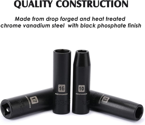 11-Piece 1/2-Inch Set, 6 10-24mm MIXPOWER Drive Deep Impact Socket CR-V, Metric, Point, Deep
