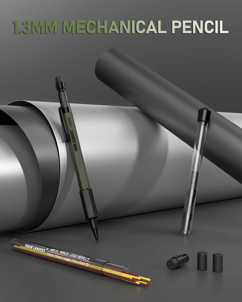 Four Candies 1.3mm Mechanical Pencil Set, Heavy Duty Metal Carpenter Pencil with 24 Refills and Erasers