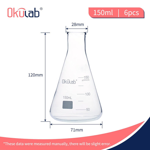 Conical Flask Set, 150mL Glass Erlenmeyer Flasks, Narrow Mouth, 3.3 Borosilicate Glass (case of 6)