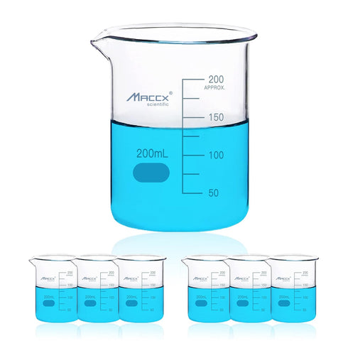 6.7oz(200ml) Sturdy Glass Beaker, 3.3 Borosilicate Griffin Low Form with Printed Graduation, Pack of 6, BKL200-006