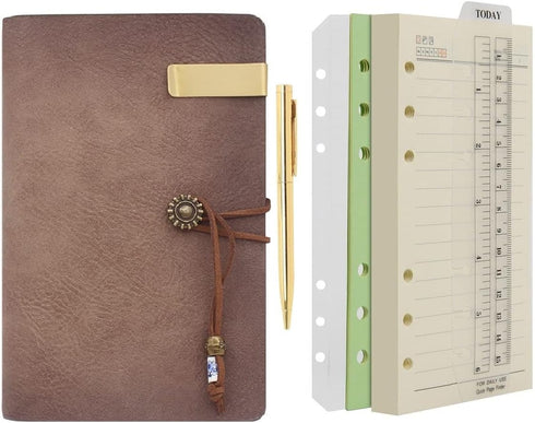 Wonderpool A6 Leather Journal, Refillable 6 Ring Binder Notebook with Lined Paper and Pen (Maroonpink)