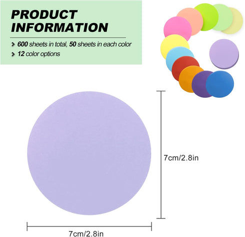Sticky Notes, Self-Sticky Notes, 12 Colors Round Bright Colorful Sticky Pad for School Office Bible Study 2.36 x 2.36 Inch 600 Sheets