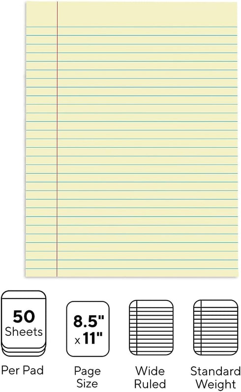 8.5 11, 50 24/Carton STAPLES Notepads, x Wide Ruled, Canary, Sheets/Pad