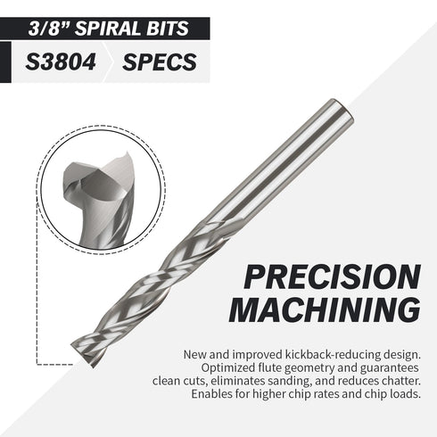 Upcut Spiral CNC Bit, Solid Carbide Straight Router Bit, 3/8" Cutting Dia, 3/8" Shank, 2" Cutting Length, CNC Router