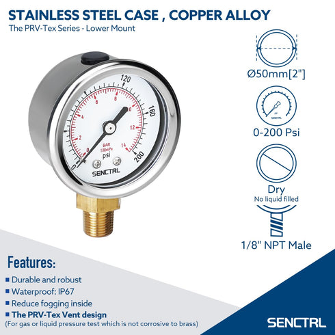 0-200 psi Pressure Gauge, 2" Dial Size, 1/8 NPT Lower Mount, Waterproof, Stainless Steel Case, for Pneumatic Regulator Air Compressor Portable Tank Water Tire Test