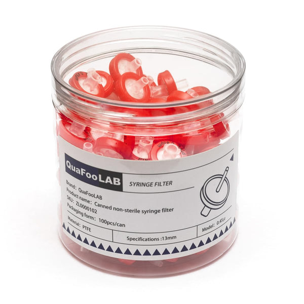 Syringe Filters PTFE Membrane, 13mm Diameter, 0.45µm Pore Size, QuafooLAB Non Sterile Red Pack of 100
