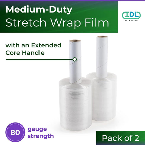 IDL Packaging 5"x 1000' Stretch Wrap Mini Roll of 80 Gauge with Extended Cardboard Handle (Pack of 2 Rolls) - Extra Sticky Clear Plastic Wrap Film - Great for Moving and Office Needs